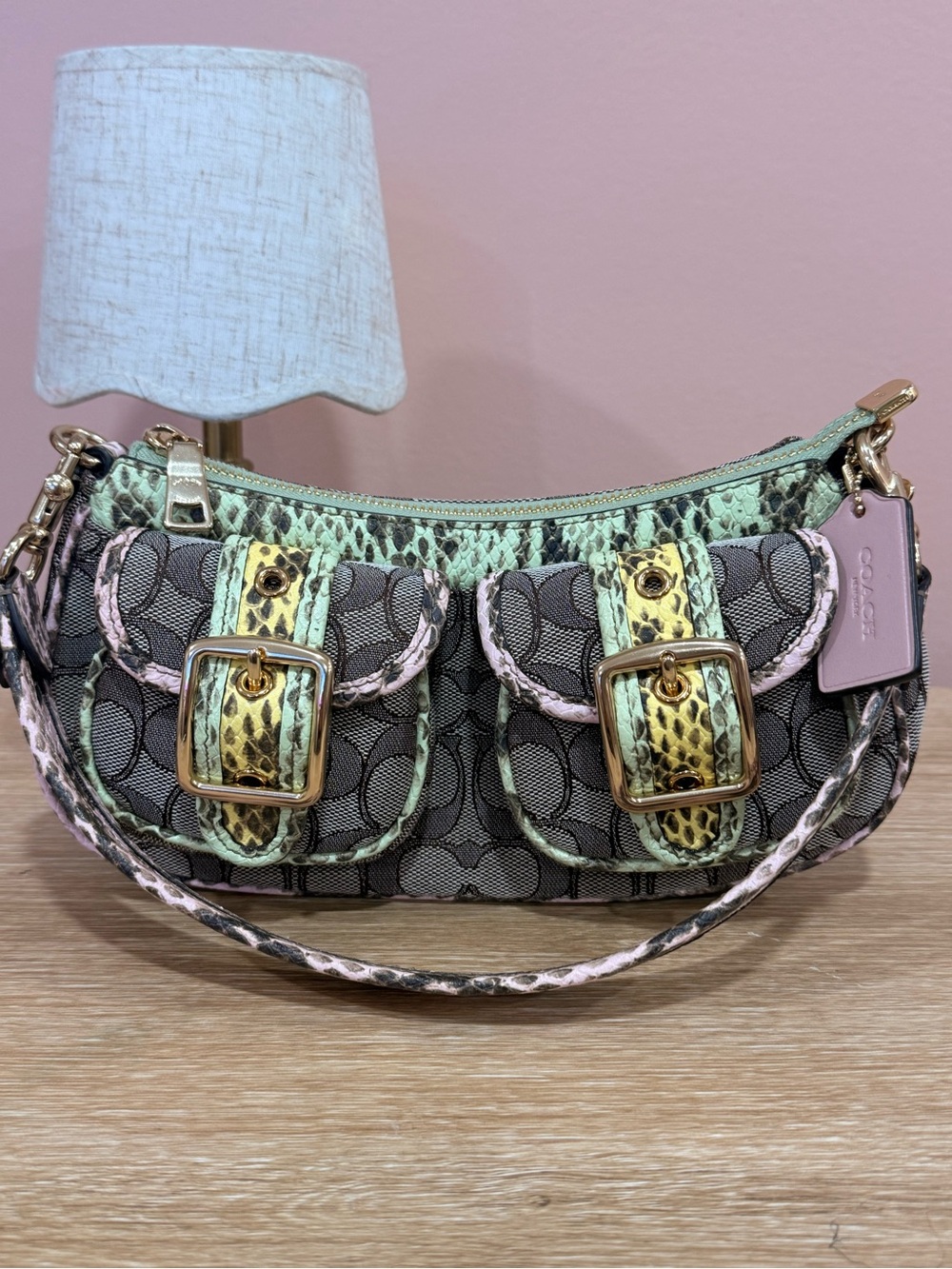 Coach Jacquard Shoulder Bag with Pastel Green, Pink & Yellow Accents